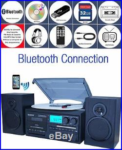 Bluetooth 3-Speed Record Player Turntable CD AM/FM Cassette USB/SD Vinyl to MP3