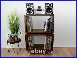 Double Wooden Industrial Record Player Stand, Vinyl Record Storage Cabinet