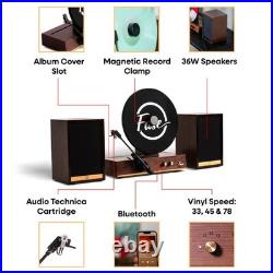 Fuse GLD Vertical Vinyl Record Player with Speakers, Bluetooth, Wood Gold Trim