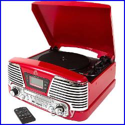 GPO Memphis Retro Red LP Vinyl Record Turntable Mp3 CD FM Radio Music Player